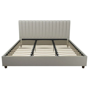 Modern King Size Platform Bed, Linen Upholstery & Ribbed Tufted Headboard, Gray