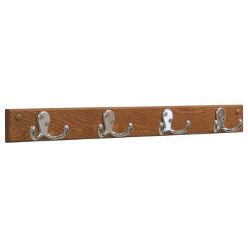 4 Double Prong Hook Rail/Coat Rack, Nickel Hooks, Medium Oak