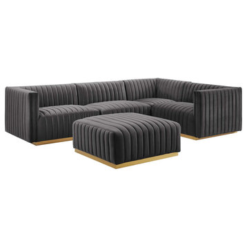 Conjure Channel Tufted Velvet 5-Piece Sectional, Gold Gray