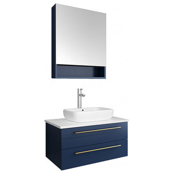 Fresca Lucera 30" Royal Blue Wall Hung Bathroom Cabinet With Top and Vessel Sink