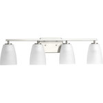 Progress Lighting - Leap 4-Light Bath - Leap vanity fixtures feature tapered etched glass shades to complement contemporary design trends. Uses (4) 100-watt medium bulbs (not included).
