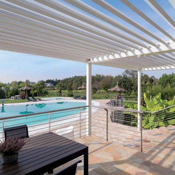 Adjustable motorized louvered pergola awnings