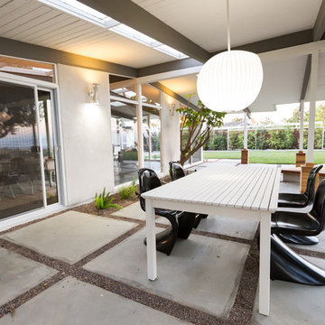 Panton Replica Chairs, Globe Pendant, Patio Table, Eichler Style Home