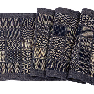 Artisan Hand Loomed Cotton Table Runner, Indigo Blocks, 18"x96"
