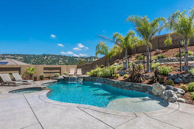 This is an example of a mid-sized tropical backyard kidney-shaped pool in Sacramento with a water feature and natural stone pavers.