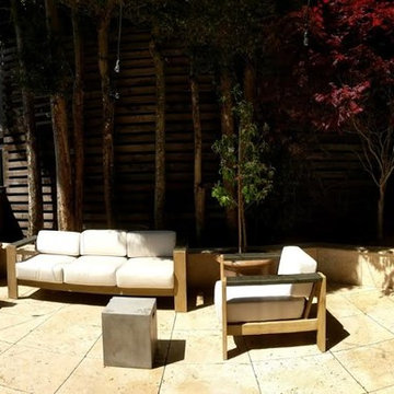 Split Level Travertine Patio and Ipe Deck with Cable Railing