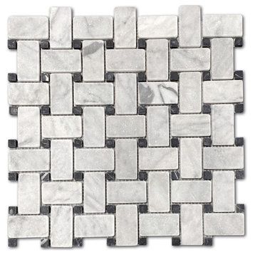 NonSlip Carrara Venato Marble Basketweave Mosaic Tile Black Dot Tumble, 1 sheet