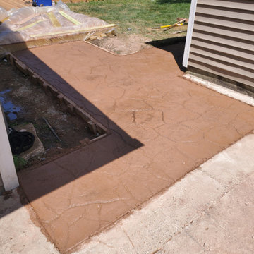 Stamped concrete, cedar deck