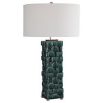 Uttermost - Uttermost Geometry Green Table Lamp 28385 - Sporting A Fun, Contemporary Design, This Ceramic Table Lamp Showcases A Geometric Square And Circle Motif Finished In A Deep Emerald Green Glaze Accented With Brushed Nickel Details. The Round Drum Shade Is A White Linen Fabric With Light Slubbing.