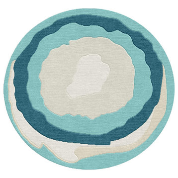Blue/Green/Grey Modern Hand-Knotted Indian Round Area Rug, Green, 9'10"x9'10"