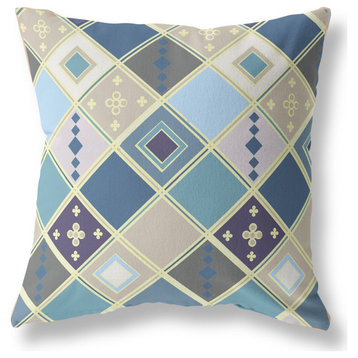 18" Blue Gold Tile Indoor Outdoor Zippered Throw Pillow