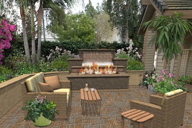 Design ideas for a small contemporary backyard patio in Los Angeles with a fire feature and stamped concrete.