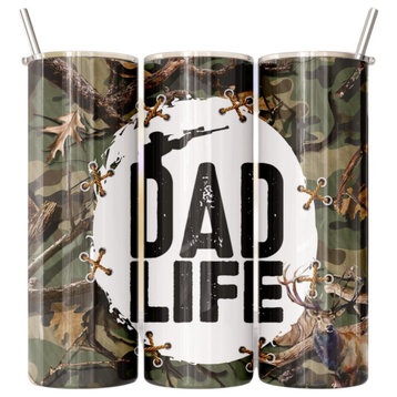 Dad Life Deer Hunter Camo 20 Oz Skinny Metal Tumbler w/Lid and Straw