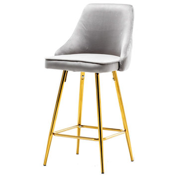Set of 4 Bar Stool, Long Tapered Legs With Velvet Upholstered Seat, Grey/Gold
