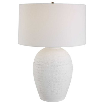 Classic Chalk White Carved Ceramic Table Lamp 29 in Matte Round Textured