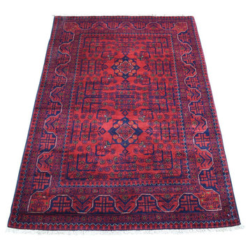 Deep and Saturated Red Afghan Khamyab Geometric Design Pure Wool Rug, 3'4"x4'10"