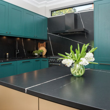 Mix of style - Green shaker and modern brass island