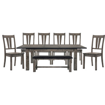 Drexel Dining 8PC Set, 78x42x30H Table, 6 Wood Side Chairs, Bench