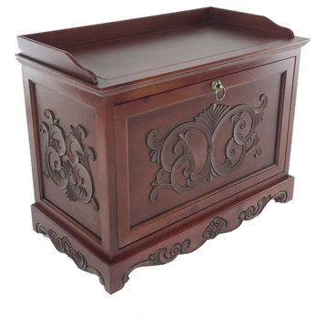 Engraved Wooden Shoe Cabinet With Drop Down Opening And Metal Hinges, Brown