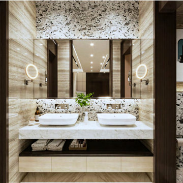Double Floating Vanity with Terrazzo & Travertine Feature Wall