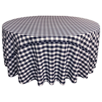 LA Linen Polyester Gingham Checkered 132" Round Tablecloth, White and Navy