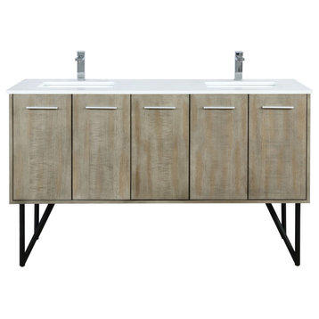60" Rustic Acacia Double White Quartz Top, White Sinks, Brushed Nickel Faucet