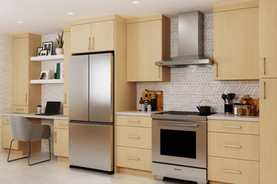Mid-sized trendy l-shaped light wood floor eat-in kitchen photo with an undermount sink, flat-panel cabinets, light wood cabinets, solid surface countertops, white backsplash, subway tile backsplash, stainless steel appliances and an island