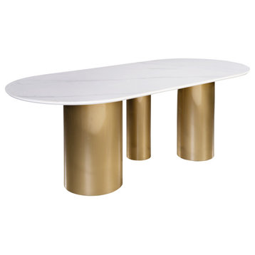 Balmain Stone Top Oval Dining Table for 6, Gold and White