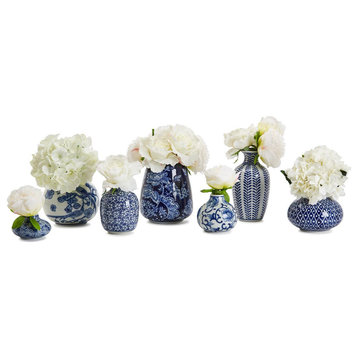 Two's Company Blue and White Set of 7 Hand-Painted Vases