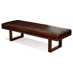For Now Designs - Antique Brown Leather Upholstered Bench With Nail Head Trim, 60" - Antique Brown Genuine Leather Upholstered Bench, Ottoman, Coffee Table with Individually placed Nail Head trim