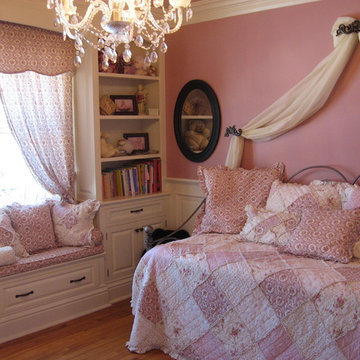 Built-in, girl's bedroom, bedroom cabinets, daybed , chandelier , pink bedroom