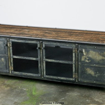 Vintage Industrial Media Console/Credenza. Reclaimed wood top. Urban Modern.