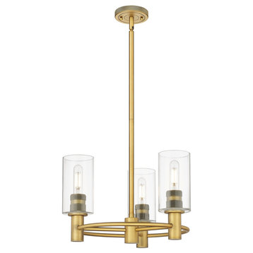Crown Point, 3 Light 7" Stem Pendant, Brushed Brass, Clear Glass