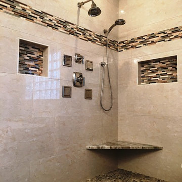 MASTER BATHROOM - Free Standing Tub / Crema Marfil Tile / White Reef Granite