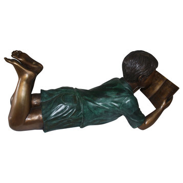 Boy Laying Reading Book Bronze Statue - 11"H.