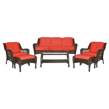 Jeco 6pc Wicker Seating Set in Espresso with Red Cushions