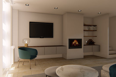 Diseño de sala de estar clásica grande con todas las chimeneas y televisor colgado en la pared