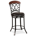 Hillsdale Furniture - Hillsdale Trevelian Metal Swivel Stool, Counter Height - Complement your scheme with stylish, convenient seating.  This metal counter height stool includes graceful scrollwork with an understated center oval opening. The wood top rail has a rich Cherry finish with contoured curves in keeping with the flow and movement of the metal seat back. Featuring four flat curved legs, the metal base is finished in a dark brown coffee with a circular brown-hued vinyl seat.  The padded 360° swivel seat and perfectly placed footrest offer supreme comfort. Ideal at your counter height dining table or kitchen counter.  Assembly required.