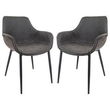 LeisureMod Markley Leather Dining Armchair Metal Legs Set of 2, Charcoal Black