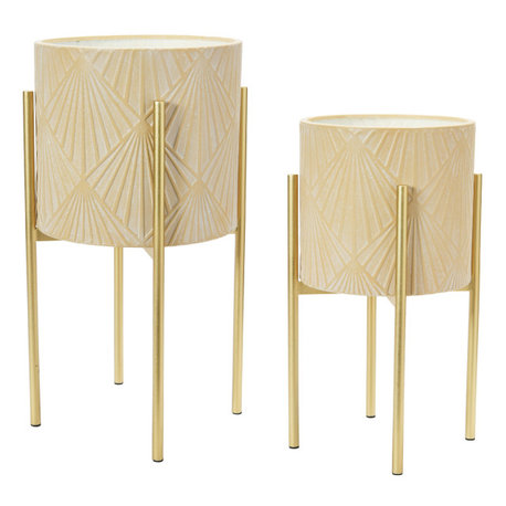 Modern Boho Embossed Metal Planters with Stands, Cream and Gold, 2-Piece Set
