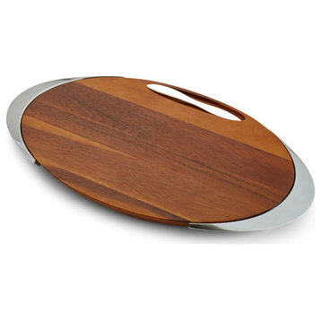 Nambe Eclipse Acacia Wood Cheese Board with Stainless Steel Knife, Silver Brown