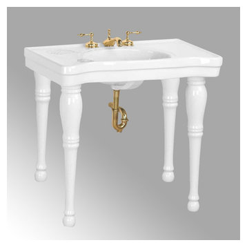 White Console Sink Belle Epoque with Spindle Legs and Widespread Faucet Holes