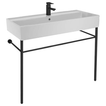 Large Ceramic Console Sink and Matte Black Stand, One Hole