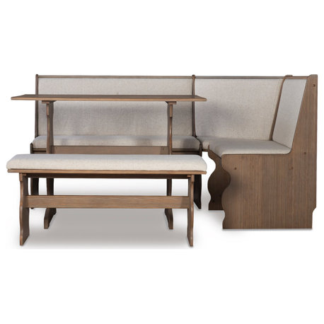Space Saving Nook Dining Set with Table and L Shaped Cushioned Bench, Natural/White