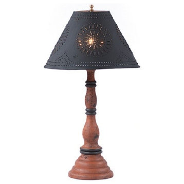 Wood Table Lamp With Punched Tin Shade USA Handmade Davenport, Pumpkin