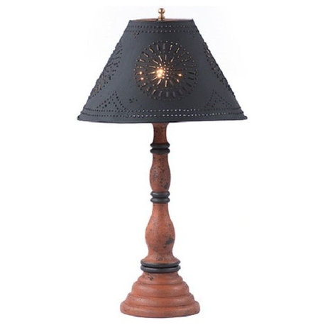 Wood Table Lamp With Punched Tin Shade USA Handmade Davenport, Pumpkin