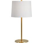 Renwil - Rexmund Table Lamp 27x13.5x13.5 - The understated silhouette of this modern table lamp is simple, yet subtly chic. The modest lines of the lamp base boast a slim iron stem centered by a circular metal stand. Topped with a clean white cotton drum lampshade, the decorative light fixture is plated with an antique brass finish that adds a glamorous element to everyday furnishings.