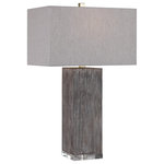 Uttermost - Uttermost Vilano Modern Table Lamp - Contemporary in design, this table lamp is finished in a rustic wood look with tones of light gray, dark gray, and aged brown. A thick crystal foot and antiqued brushed brass hardware compliment the piece. A light gray linen, rectangle hardback shade completes this design.