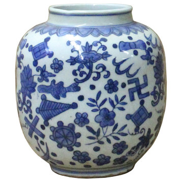 Chinese Oriental Blue White Flower Graphic Ceramic Container Jar Hws721