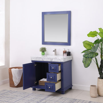 Jardin 36" Single Bathroom Vanity Set in Jewelry Blue and Carrara White Marble C